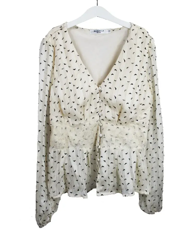LOVEDRUNKY Birds blouse beige kanten taille