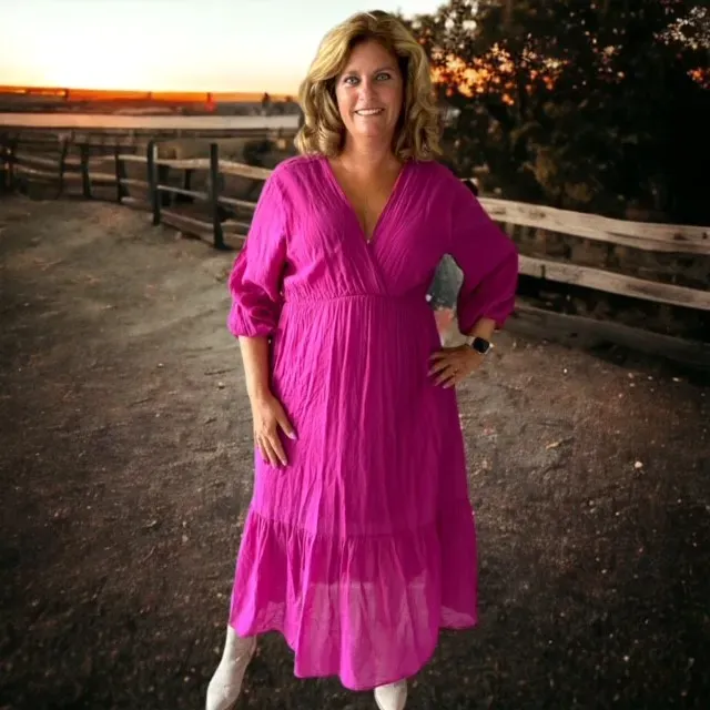 Fashion Trends katoenen maxi jurk magenta ademend