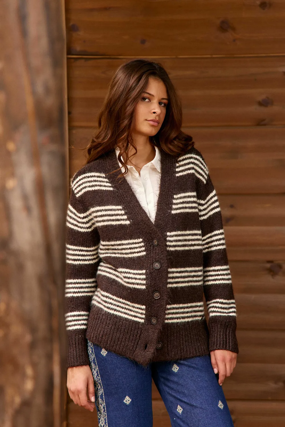La Petite Etoile Merel vest bruin ecru gestreept