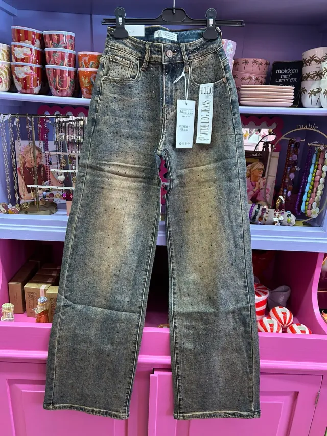Amiek Strass Wide Leg Hello Miss jeans dirty wash strass
