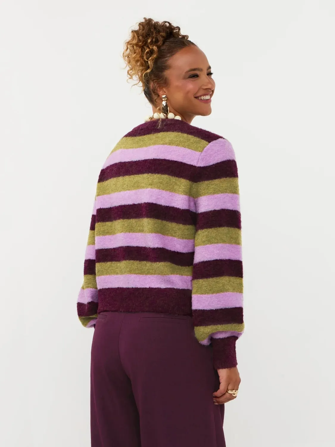 Ydence Aurora trui aubergine gestreept wolmix