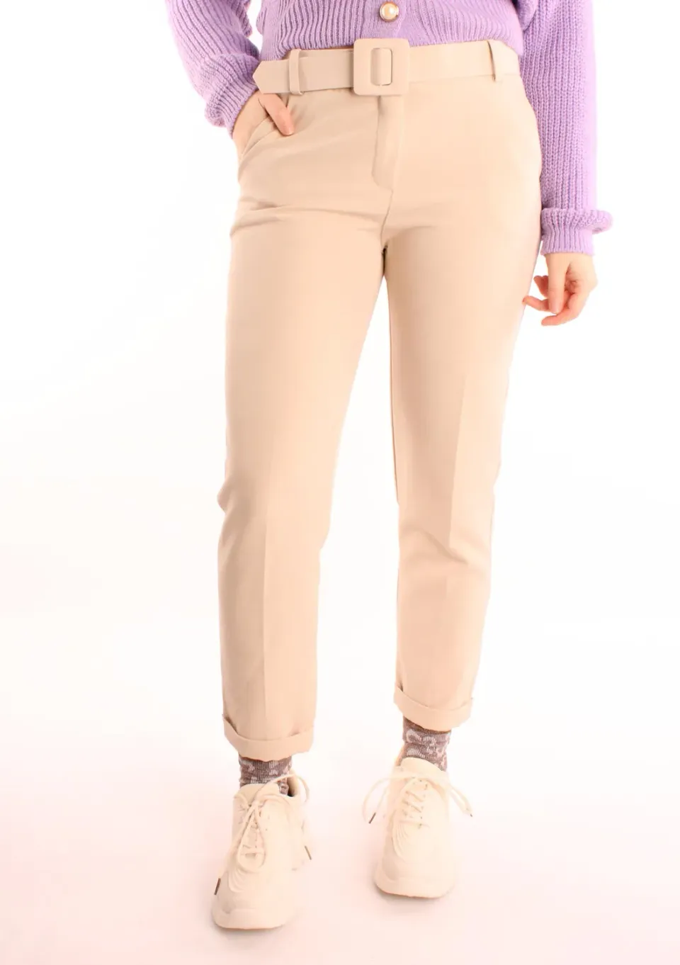 LOVEDRUNKY Casual pantalon ecru high waist ceintuur