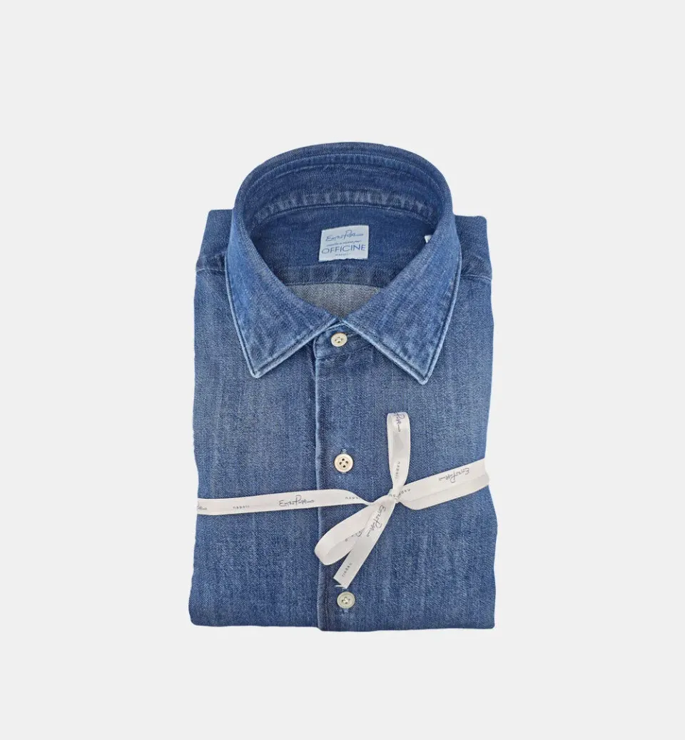Officine Napoli 4076 510 overhemd donker denim katoen