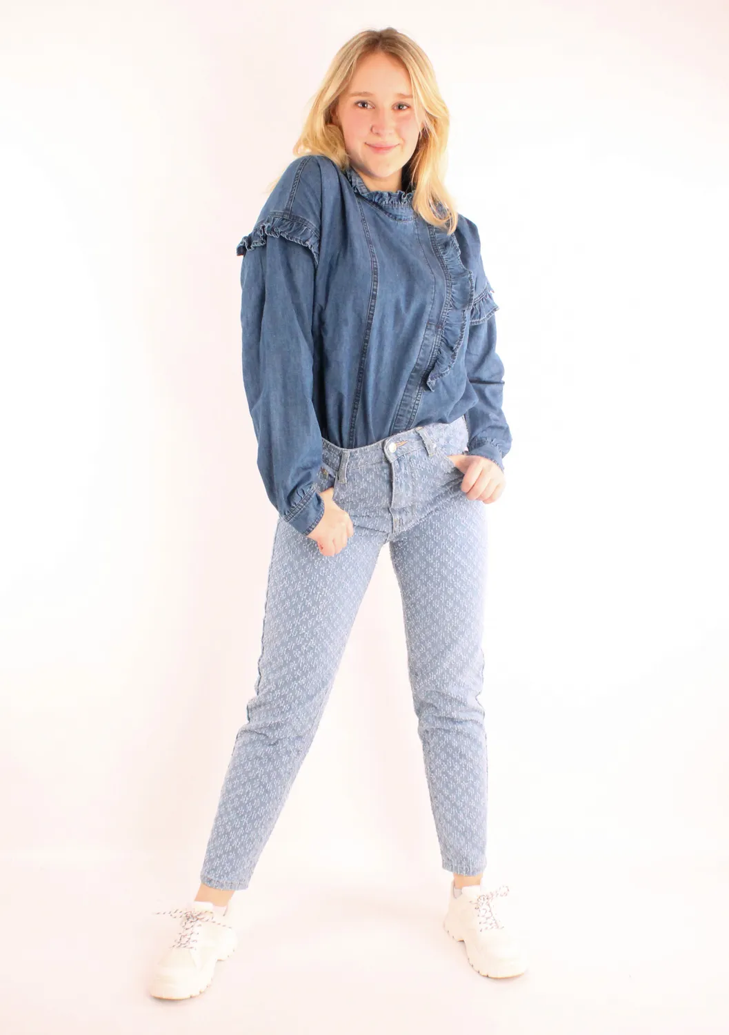 LOVEDRUNKY Spijkerblouse donkerblauw denim met ruches
