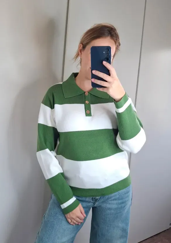 LOVEDRUNKY Polo Trui Groen-Wit Gestreept Knit