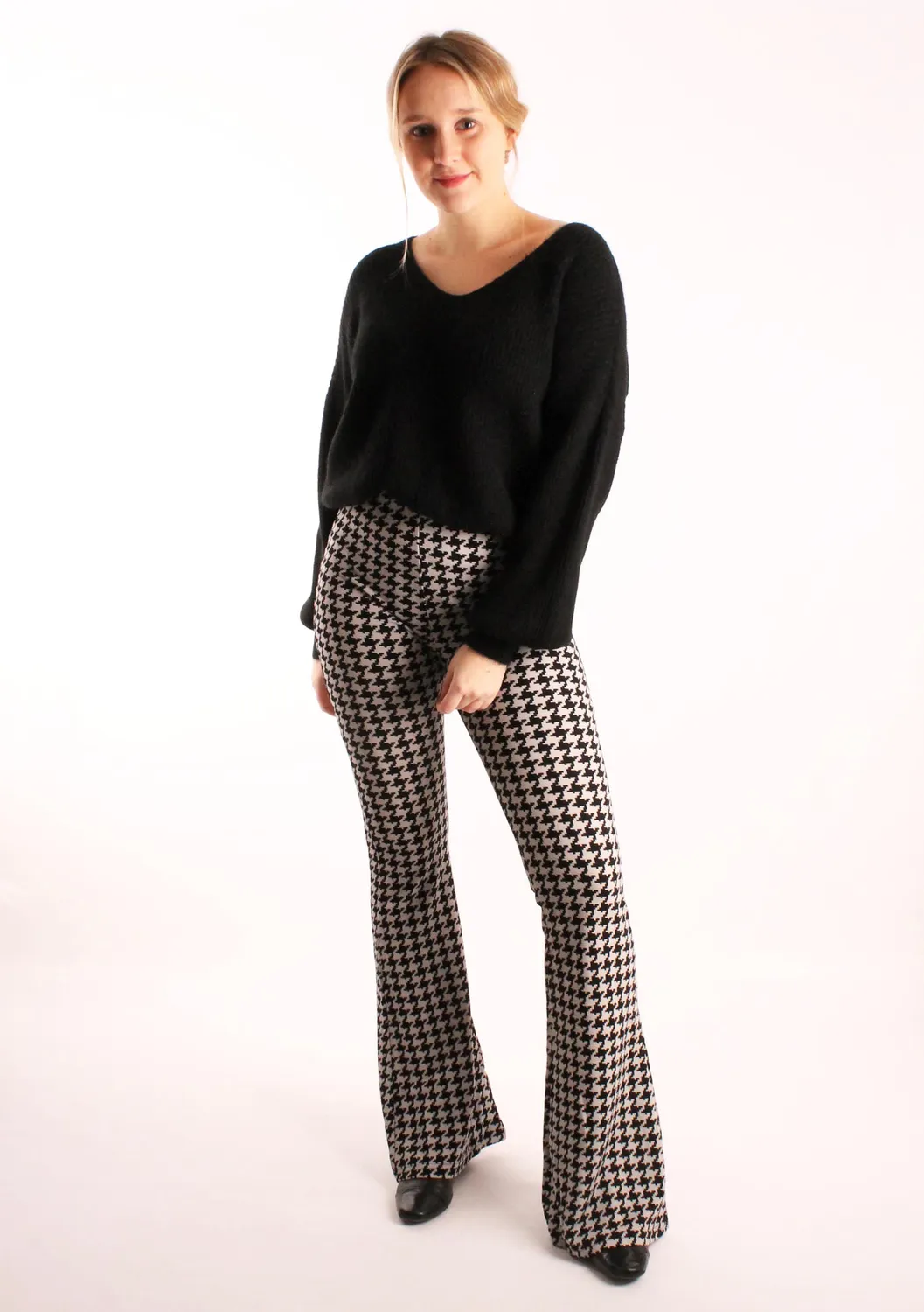 LOVEDRUNKY Flared Pied-de-poule Broek Zwart Grijs