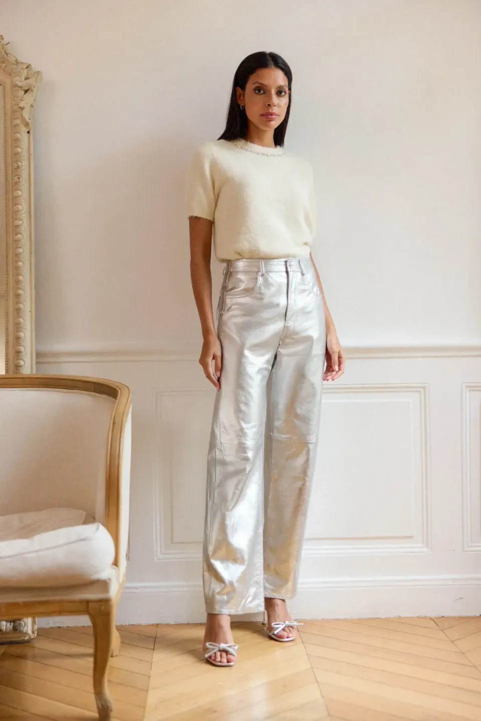 La Petite Etoile Zephyr rechte leren broek zilver hoge taille