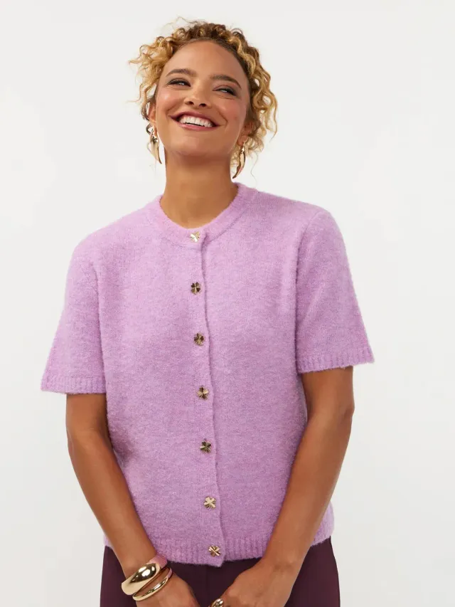 Amiek Kitty cardigan violet fijngebreid klaverknoop
