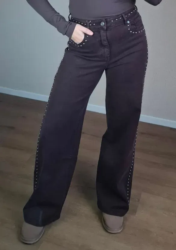 LOVEDRUNKY Wide Leg Studs jeans bruin stretch