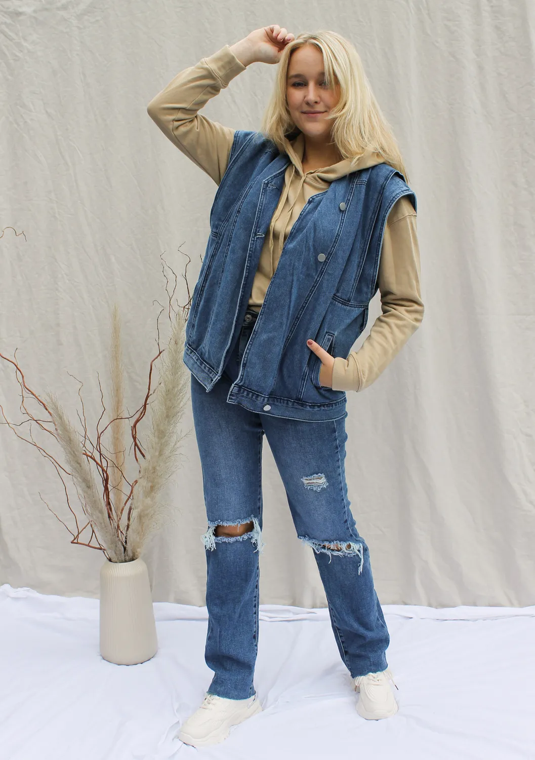 LOVEDRUNKY Biker gilet Denim blauw met ceintuur
