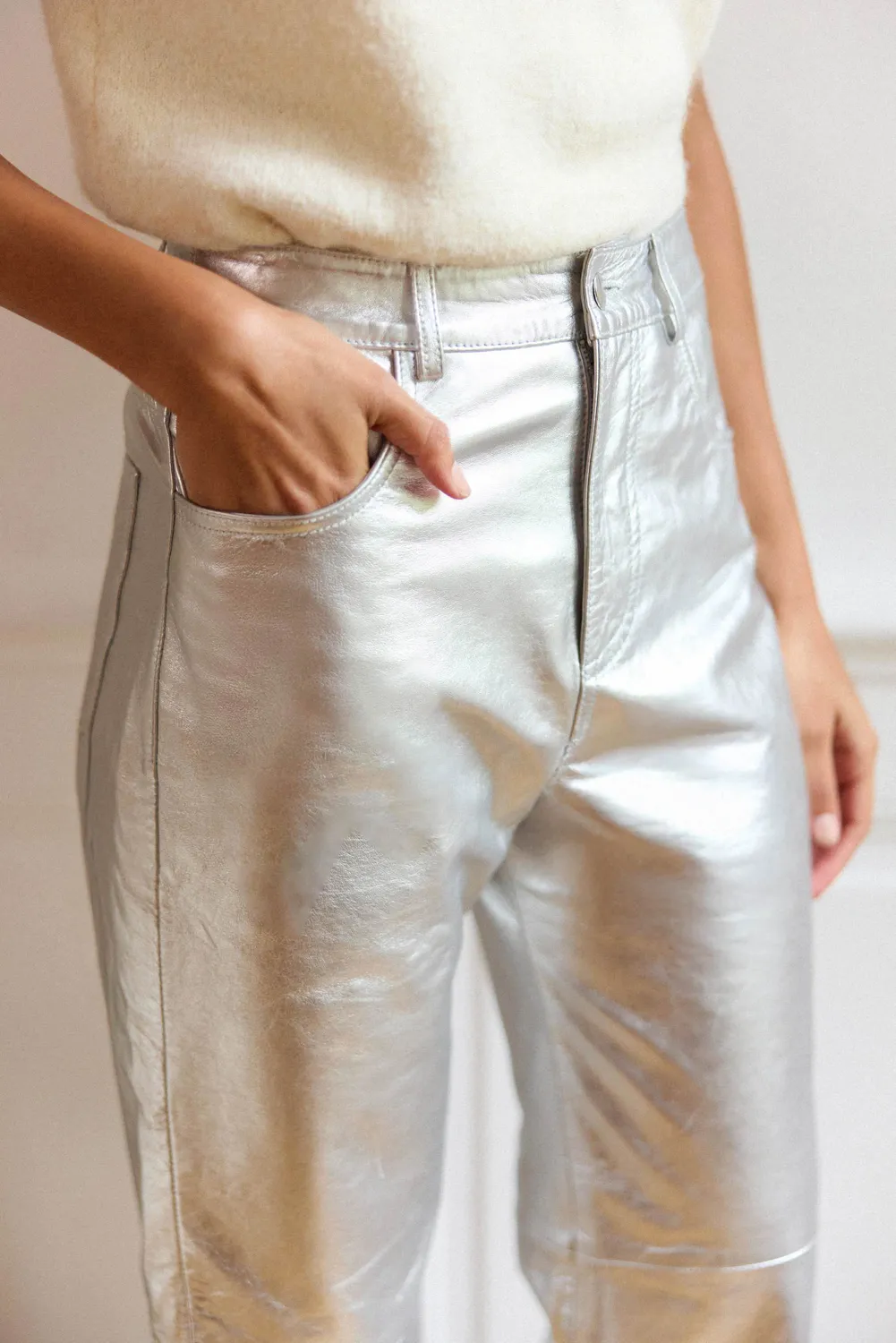 La Petite Etoile Zephyr rechte leren broek zilver hoge taille