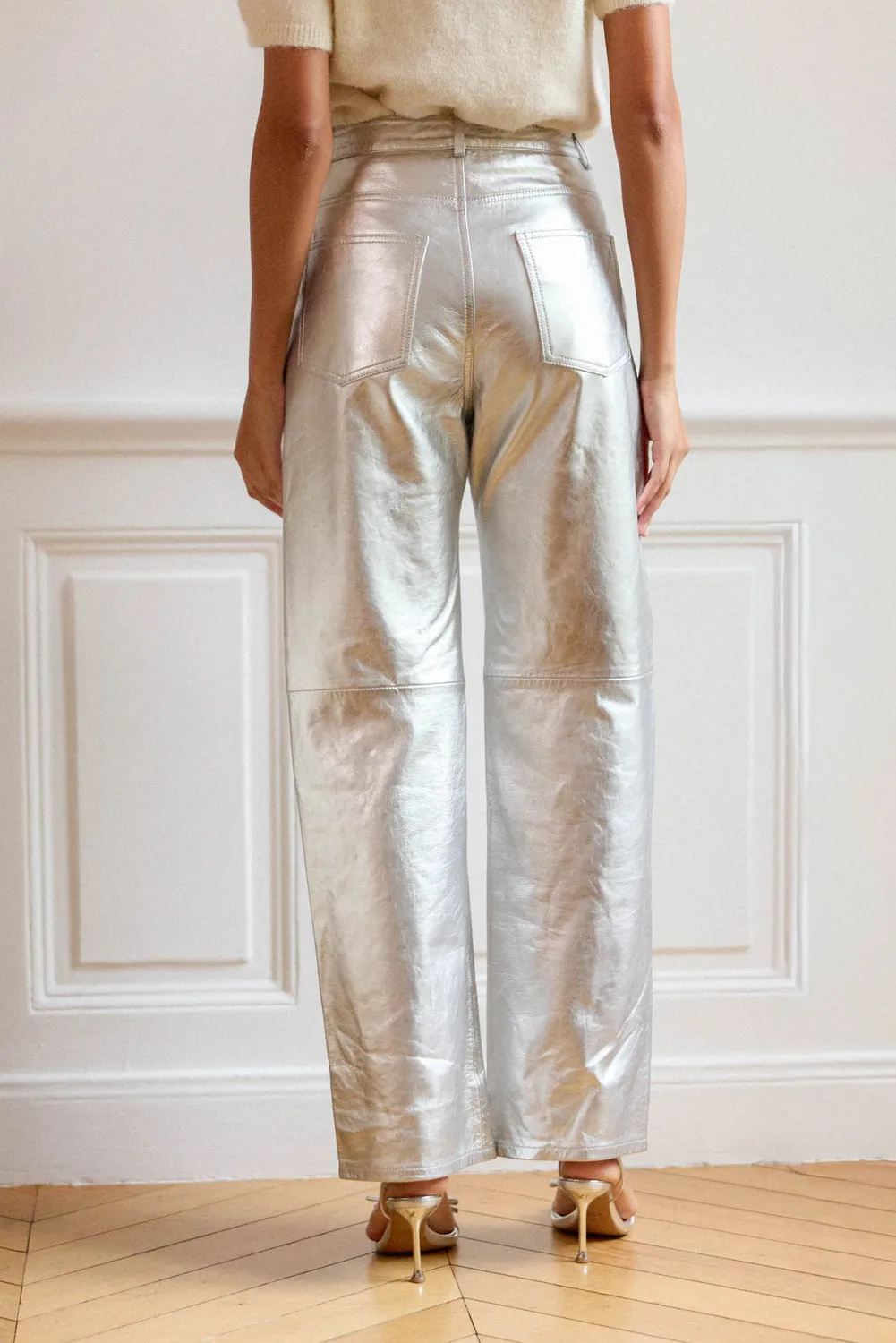 La Petite Etoile Zephyr rechte leren broek zilver hoge taille