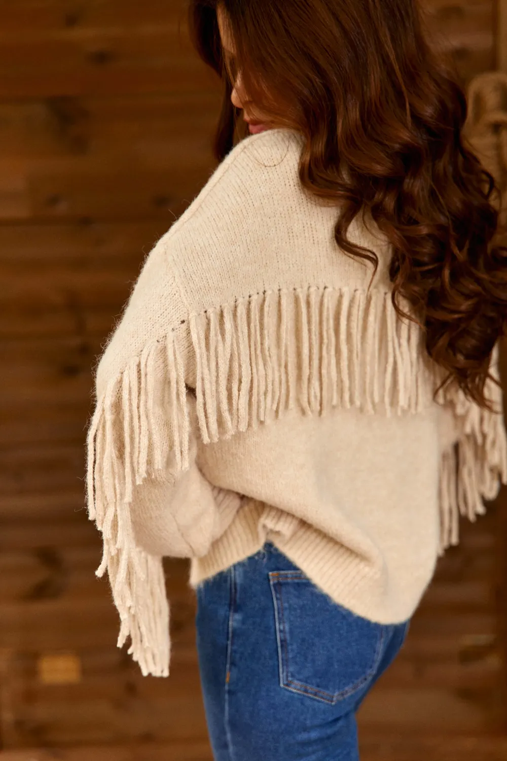 La Petite Etoile Moon trui beige V-hals franjes