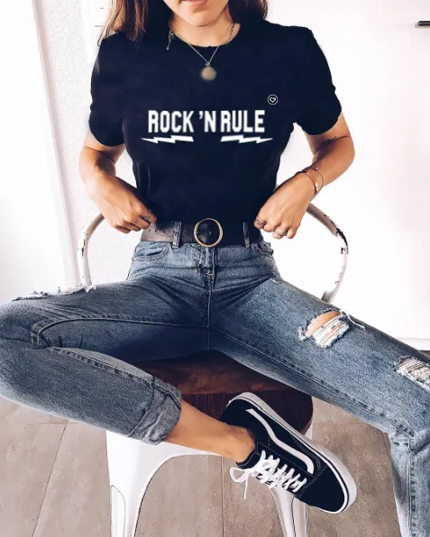 LOVEDRUNKY Rock 'n Rule T-shirt Zwart Opgerolde Mouw