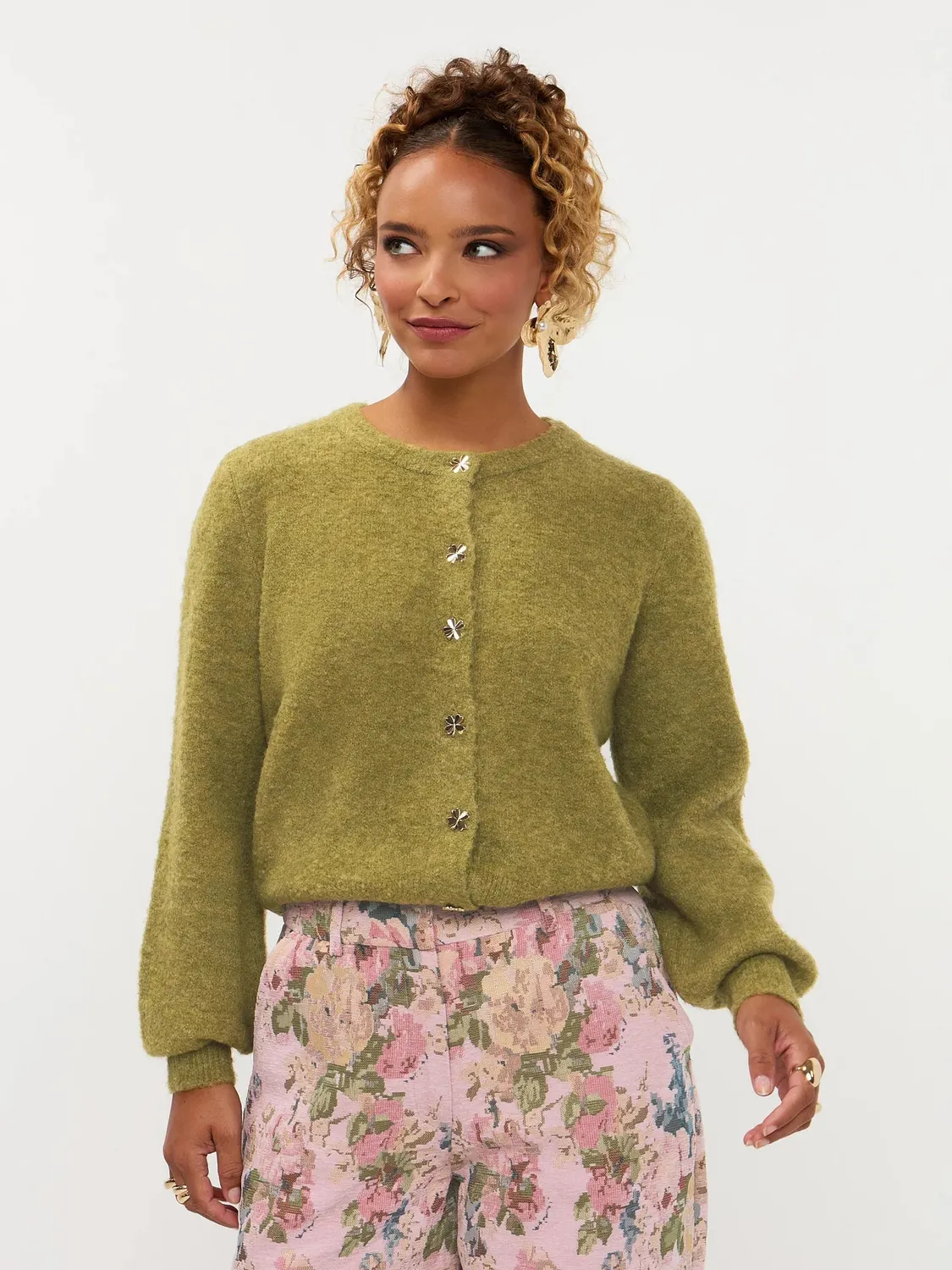 Amiek Eden cardigan green fijngebreid klaverknoop