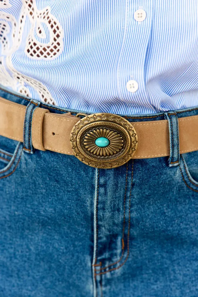La Petite Etoile Albana riem beige leer 4 cm turquoise