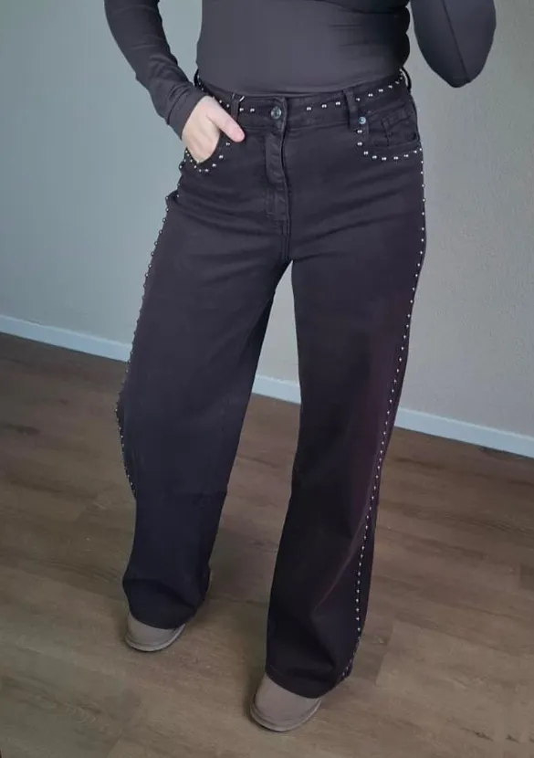 LOVEDRUNKY Wide Leg Studs jeans bruin stretch