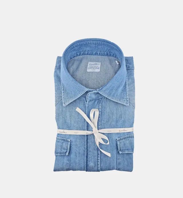 Officine Napoli Pisano 4076 overhemd medium denim katoen