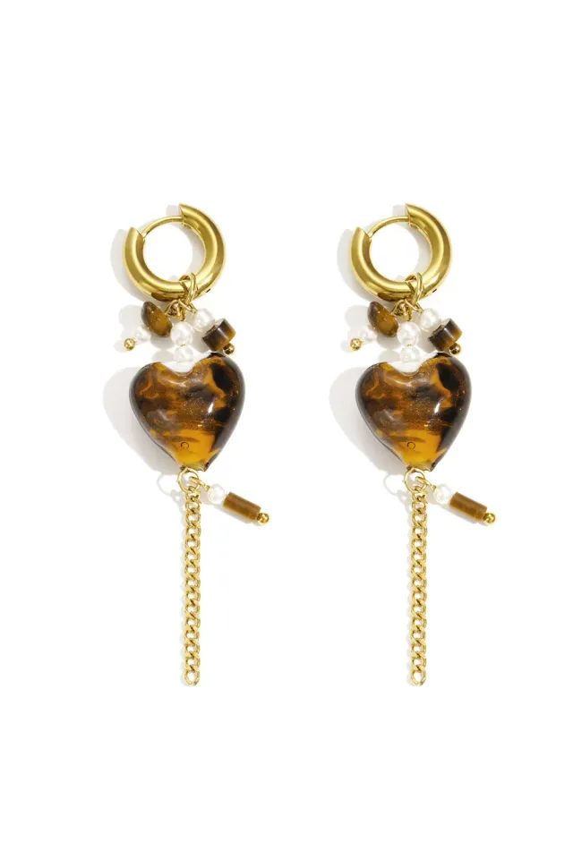 Amiek Bruin Hart oorbellen goud stainless steel