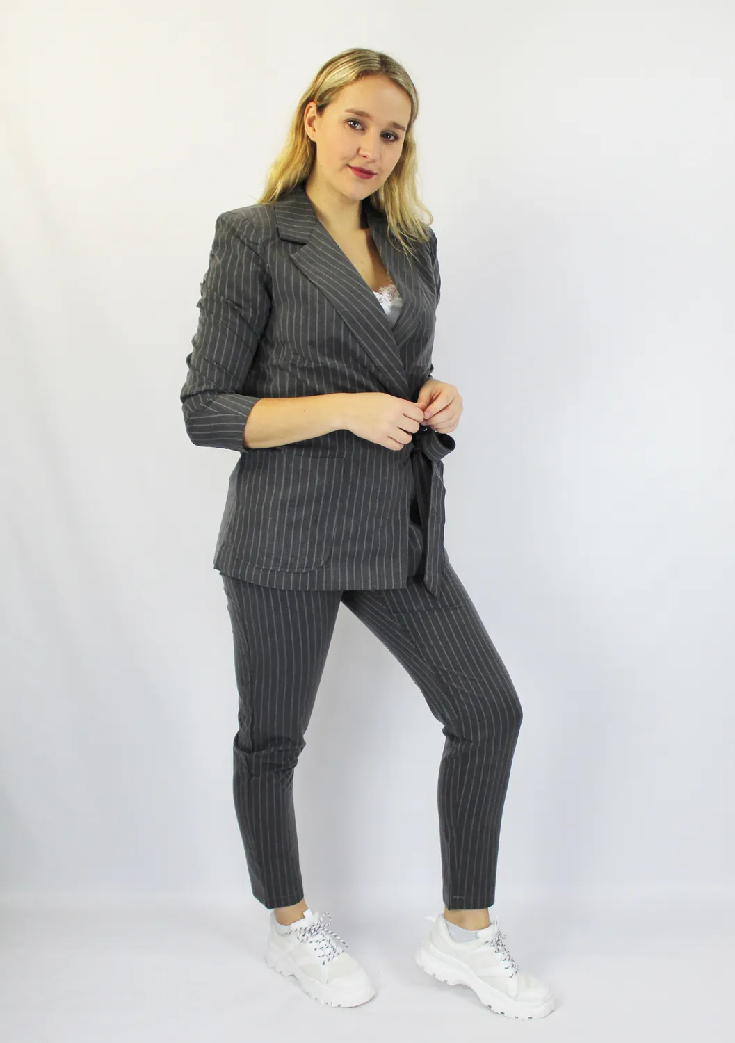 LOVEDRUNKY Gestreept damesblazer grijs-wit