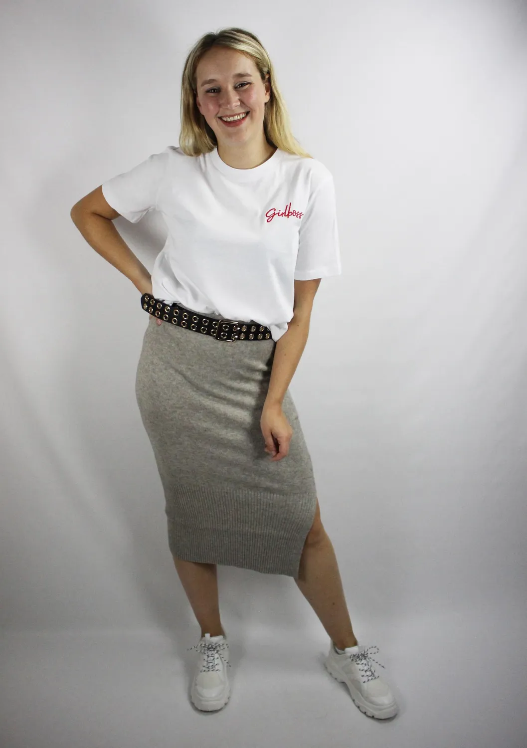 LOVEDRUNKY Knitted midi rok beige met split