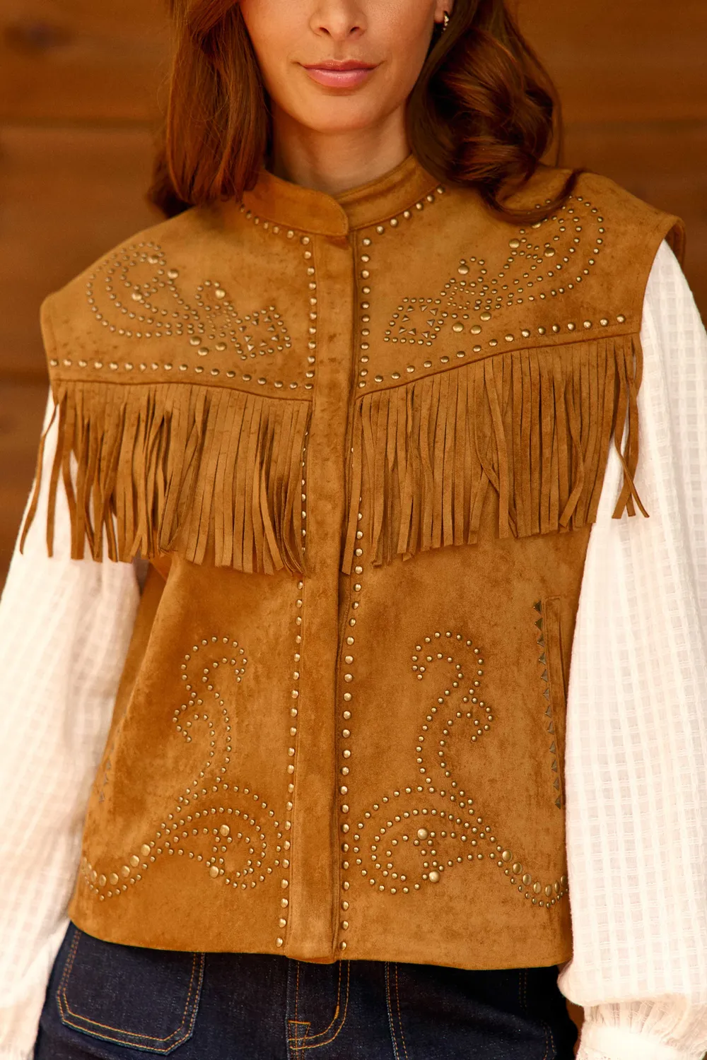 La Petite Etoile Voss bodywarmer camel suède franjes