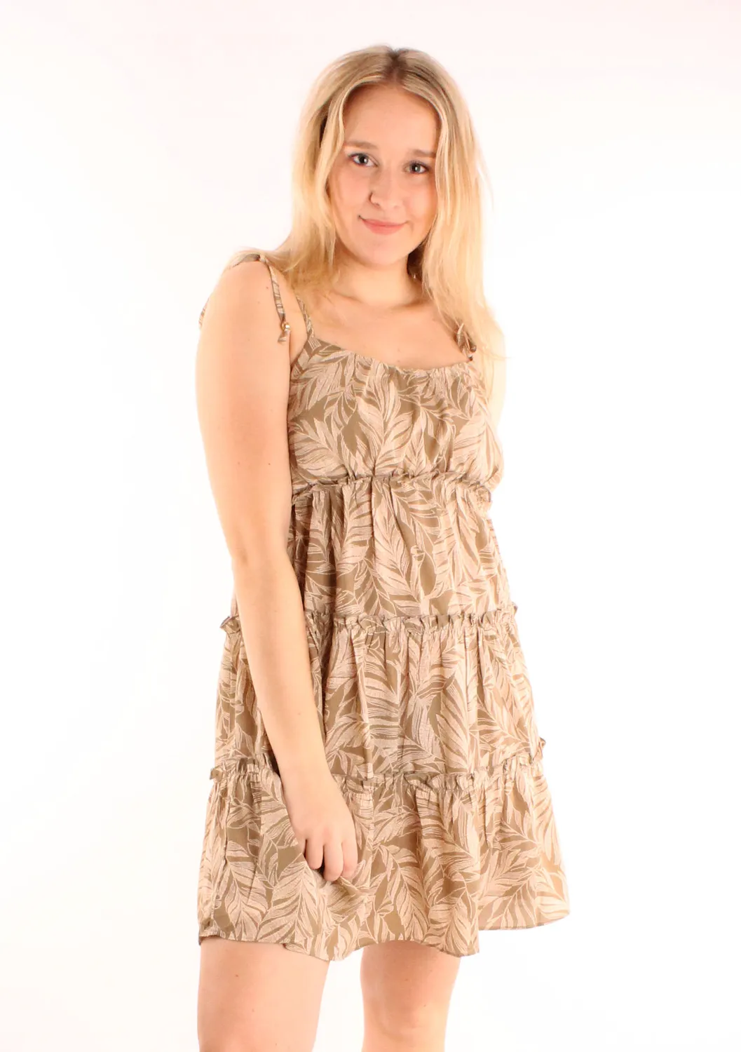 LOVEDRUNKY Jungle zomerjurk bruin A-lijn strikbandjes