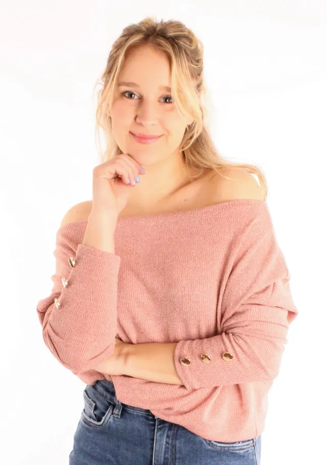 Lovedrunky Off-Shoulder trui oudroze goudknopen