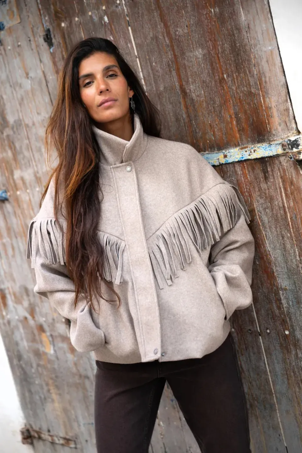 Amiek Lizzy Fringe Jacket damesjasje taupe franjes