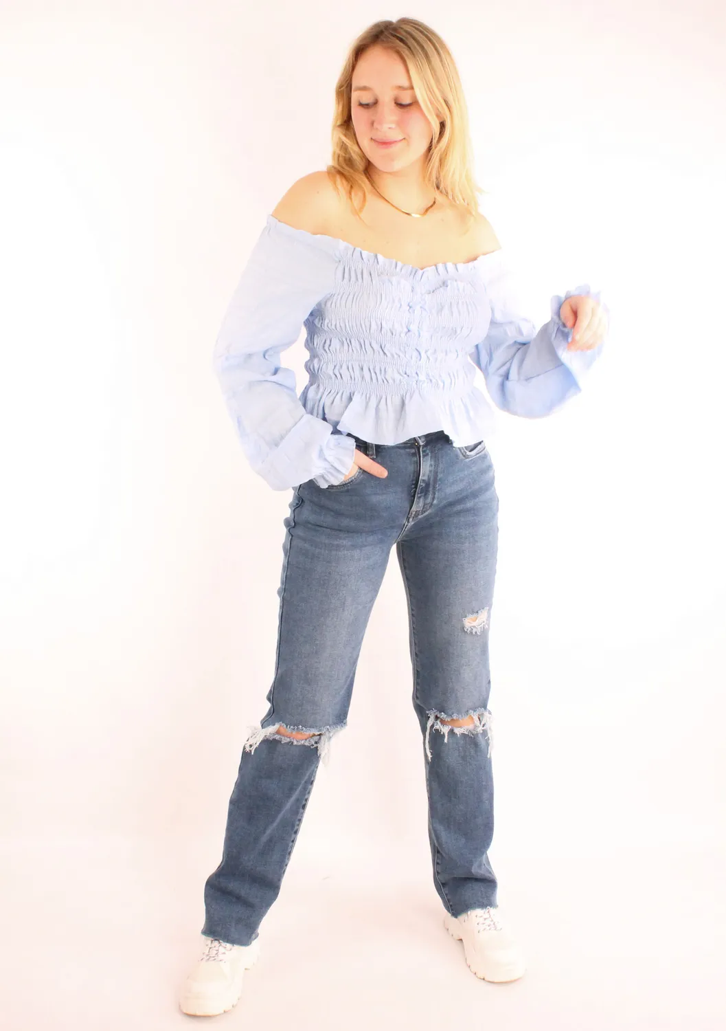 LOVEDRUNKY Off-Shoulder Top lichtblauw smock
