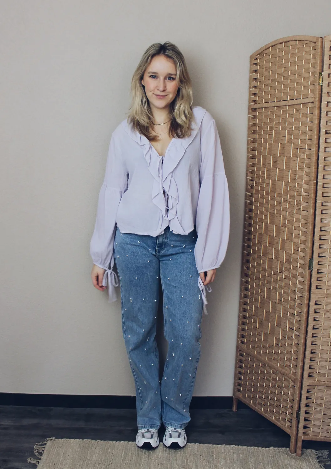 LOVEDRUNKY Ruffle Strikjes blouse lila pofmouw