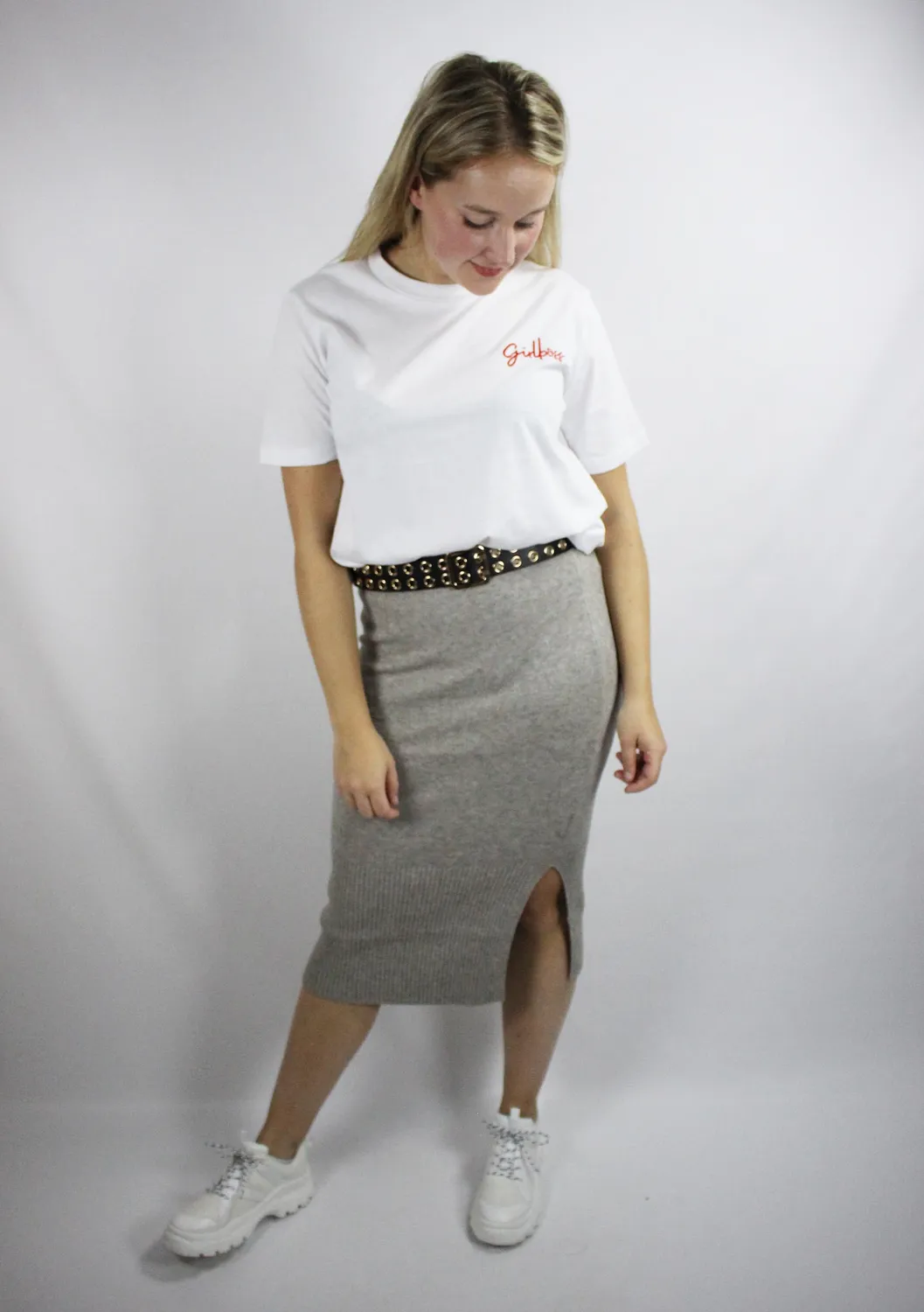 LOVEDRUNKY Knitted midi rok beige met split