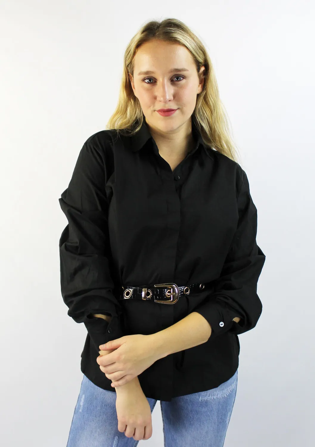 LOVEDRUNKY Basic blouse zwart knoopsluiting
