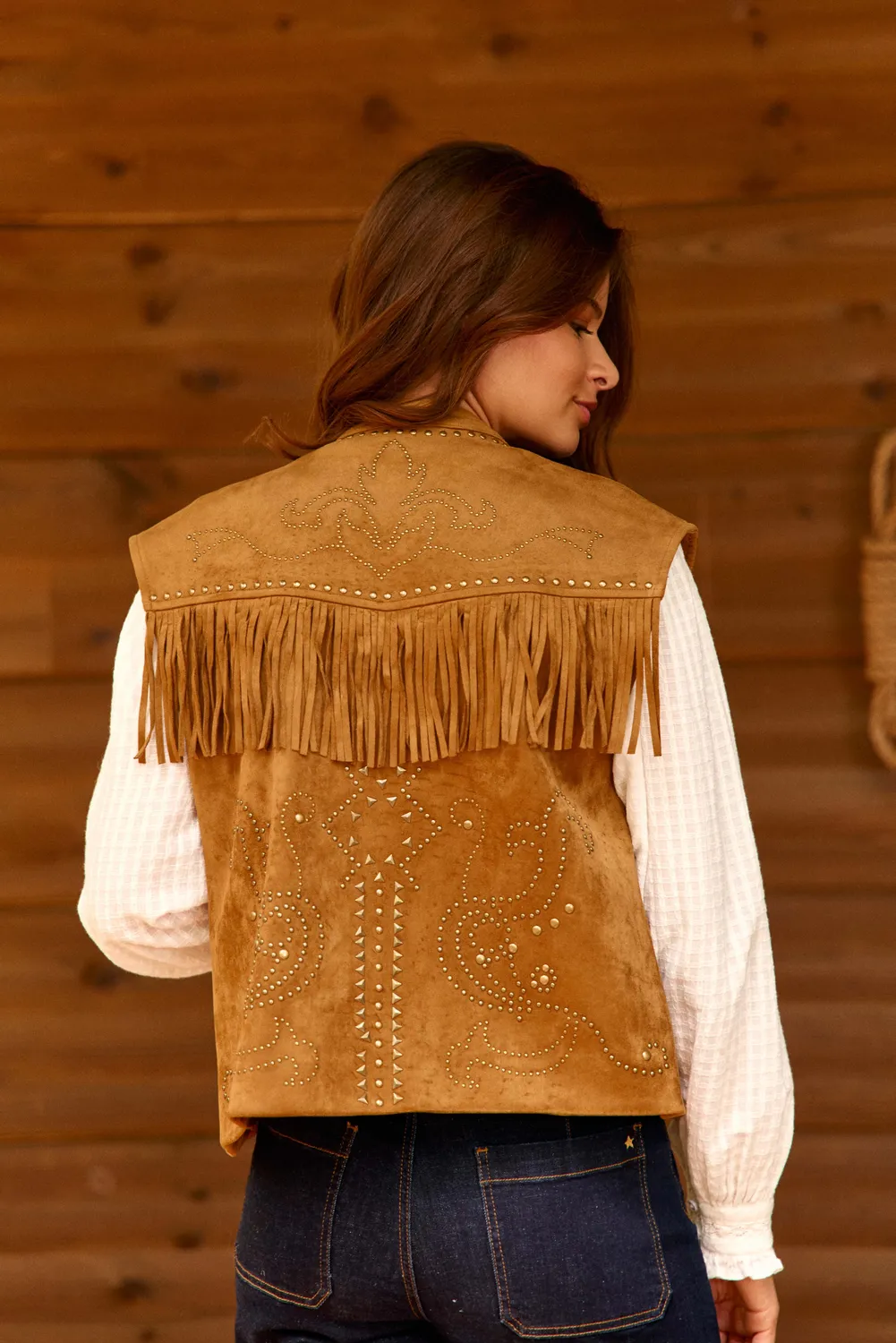 La Petite Etoile Voss bodywarmer camel suède franjes