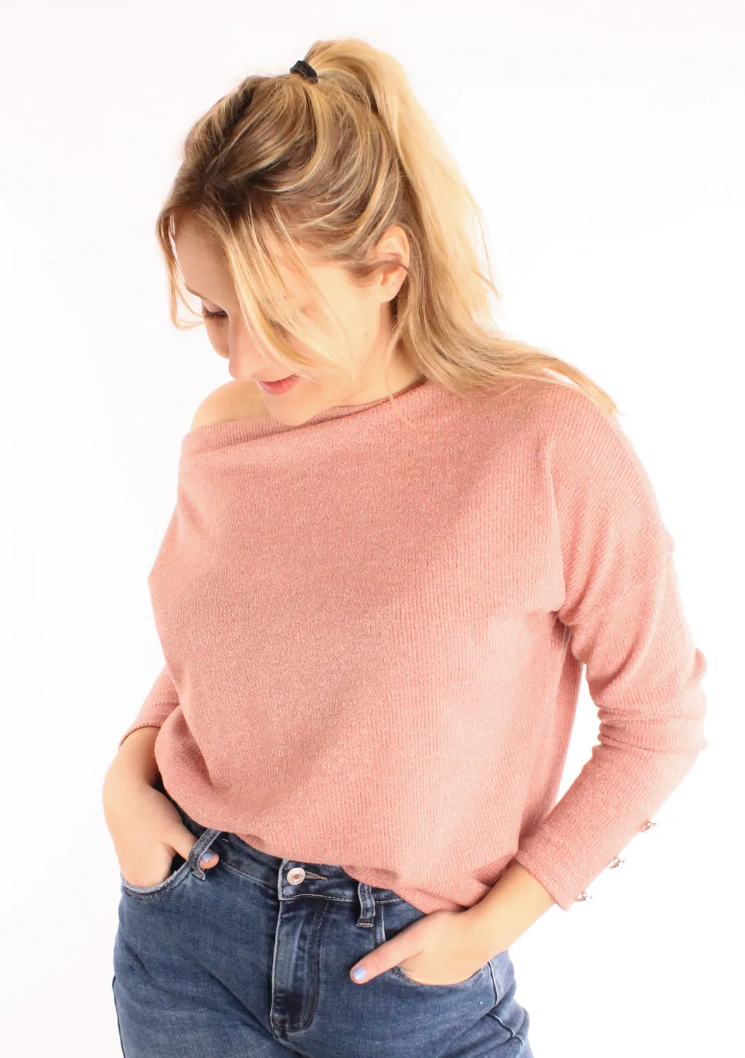 Lovedrunky Off-Shoulder trui oudroze goudknopen