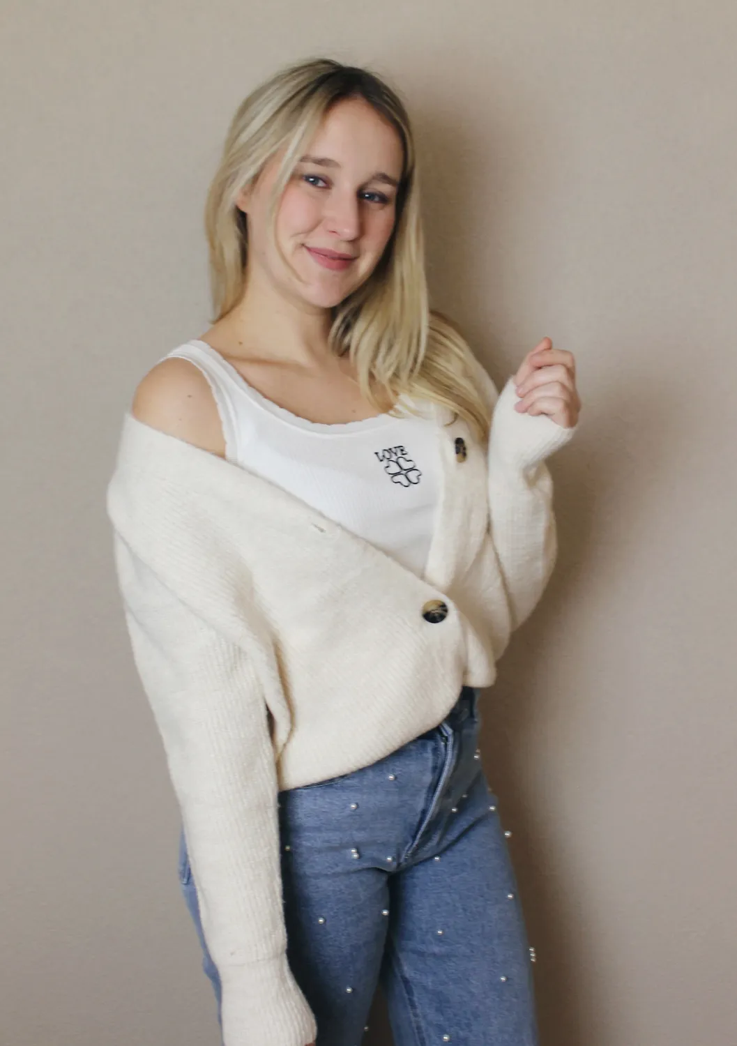 LOVEDRUNKY Cozy vest beige zacht fijnbreisel
