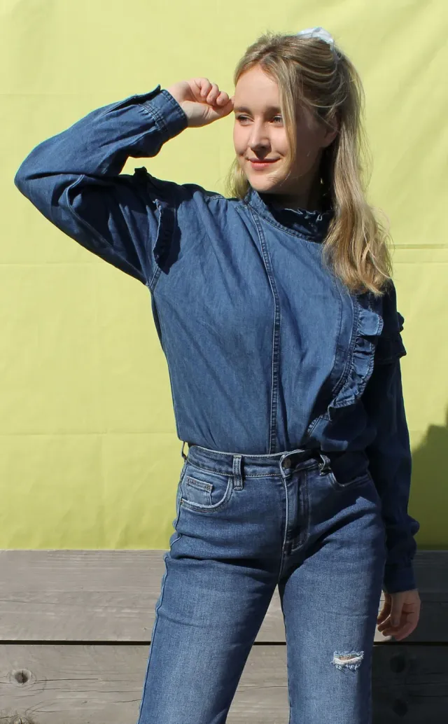 LOVEDRUNKY Spijkerblouse donkerblauw denim met ruches