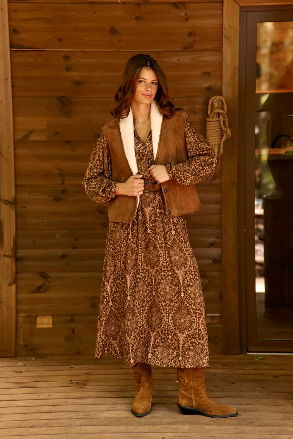La Petite Etoile Reguy lange jurk boho bruin met ceintuur