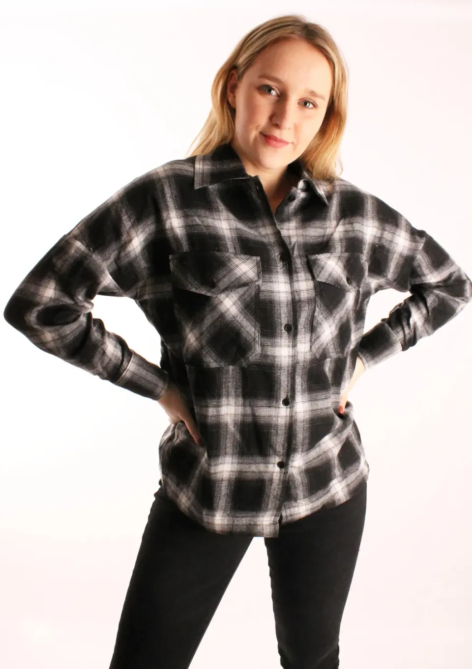 LOVEDRUNKY Blouse Geruit blouse zwart ruit borstzakken