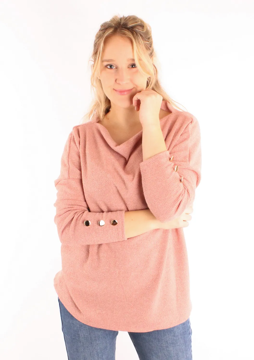 Lovedrunky Off-Shoulder trui oudroze goudknopen