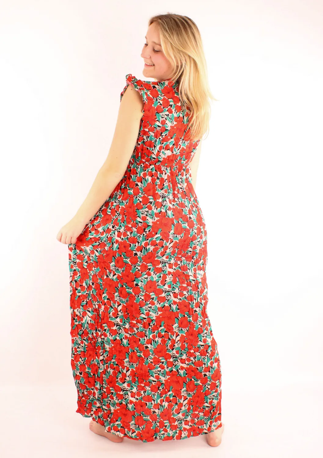 LOVEDRUNKY Bloemen maxi jurk rood V-hals split ceintuur