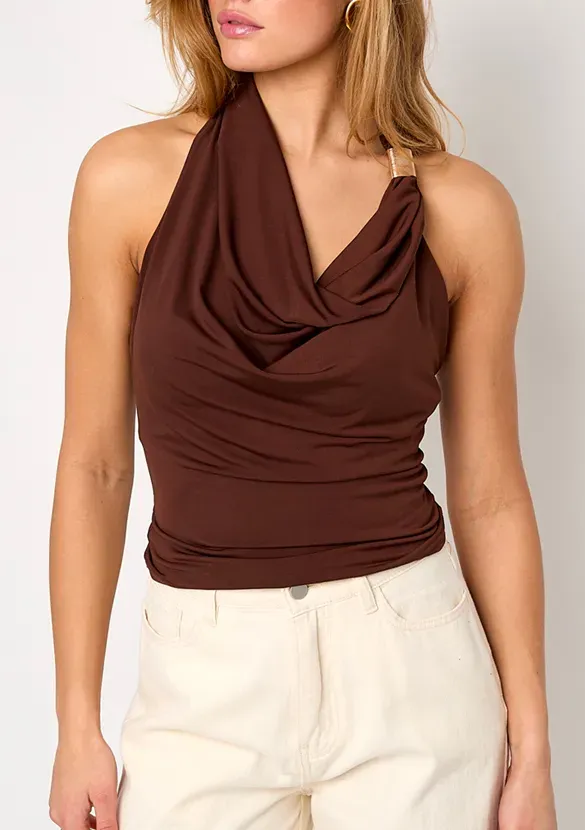 LOVEDRUNKY Waterval top bruin halter gouden ring
