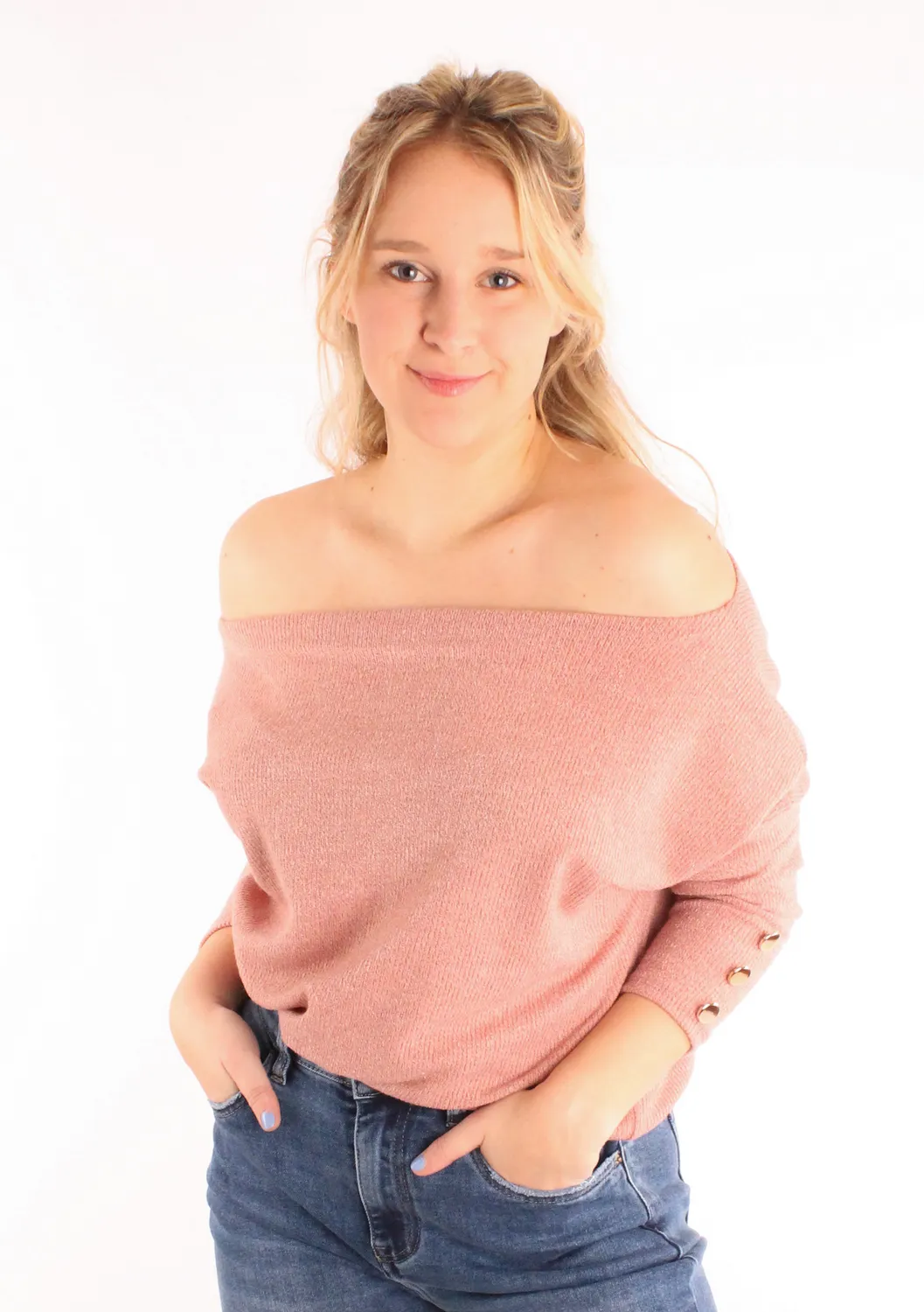 Lovedrunky Off-Shoulder trui oudroze goudknopen