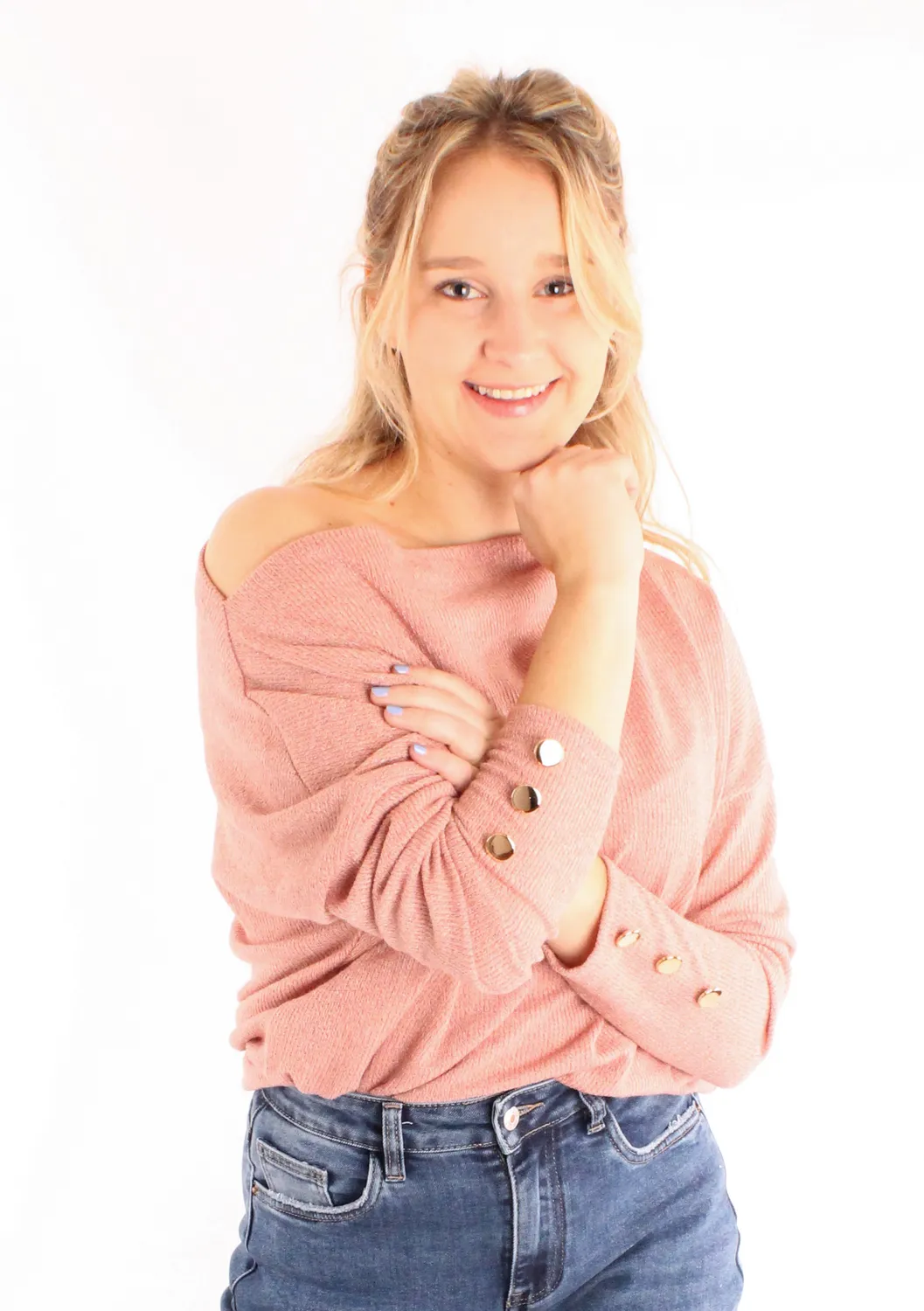 Lovedrunky Off-Shoulder trui oudroze goudknopen
