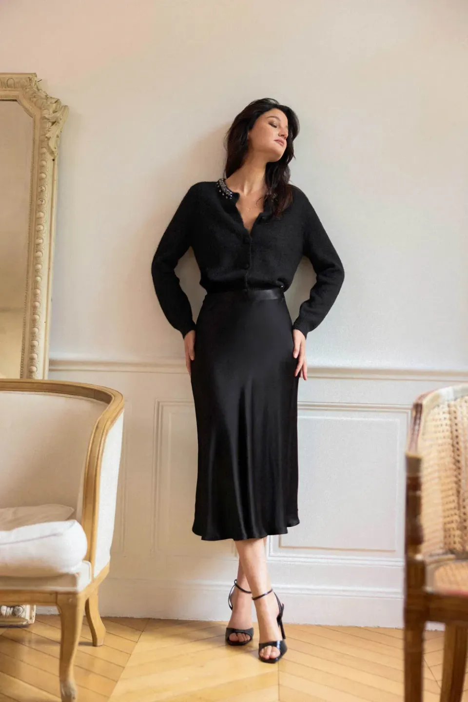 La Petite Etoile Jilly rok midi zwart satijn