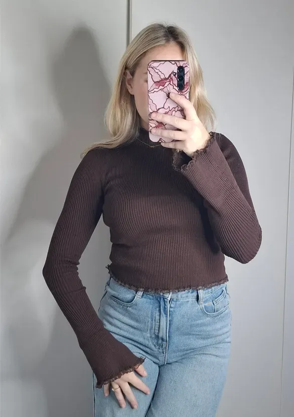 LOVEDRUNKY Rib Kant top bruin met kant