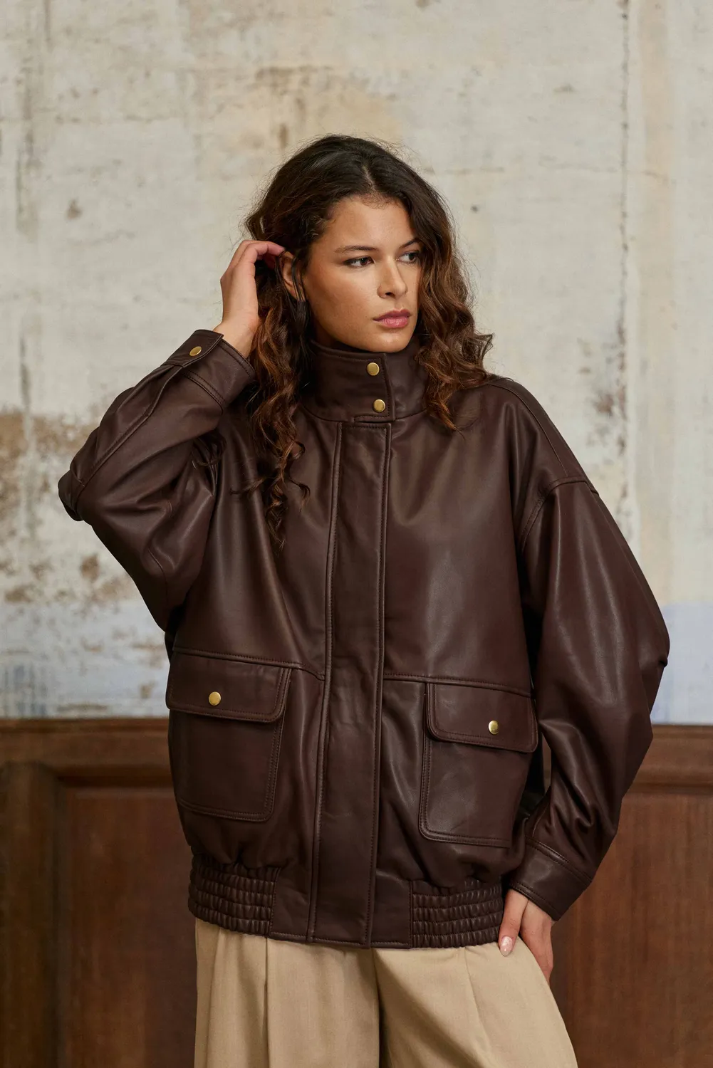 La Petite Etoile Floy jas leer oversize bruin