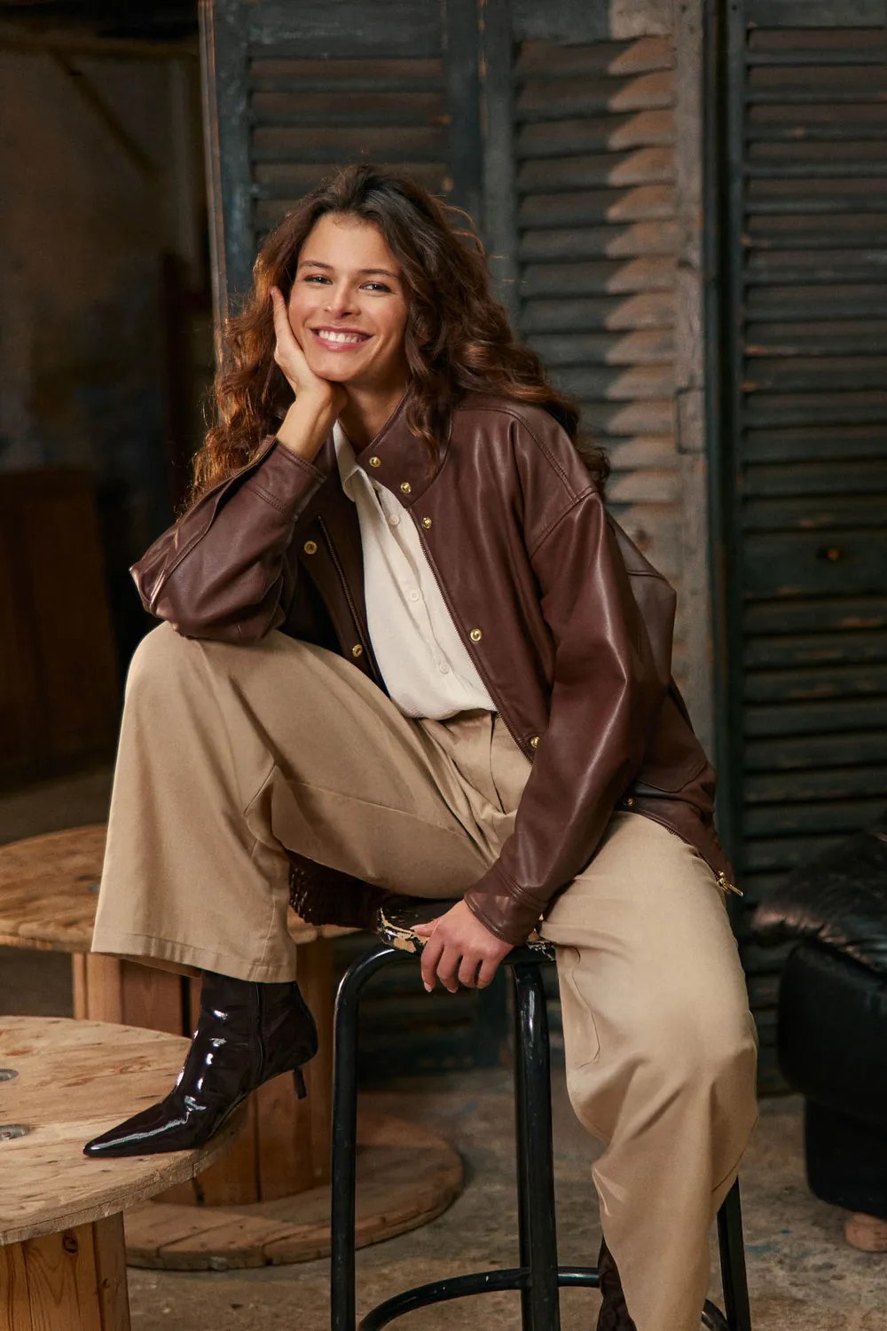 La Petite Etoile Floy jas leer oversize bruin