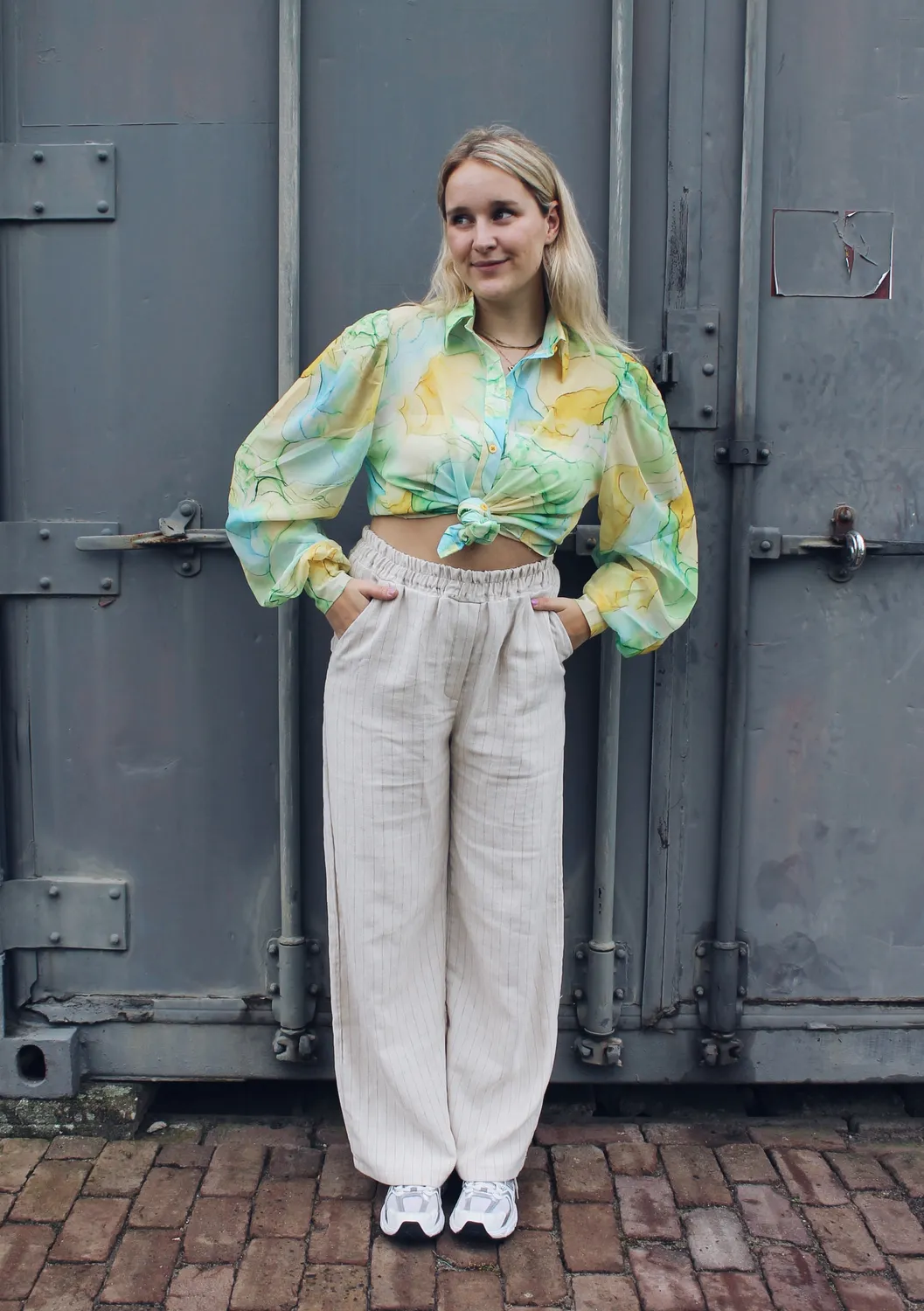 LOVEDRUNKY Linnen Gestreept broek beige wide leg