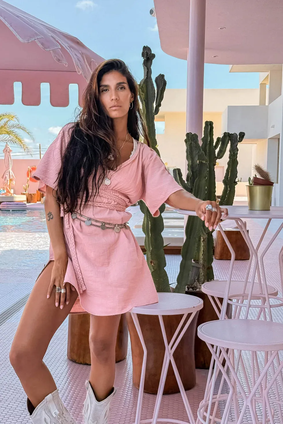 Amiek Romy Short jurk dusty pink katoen